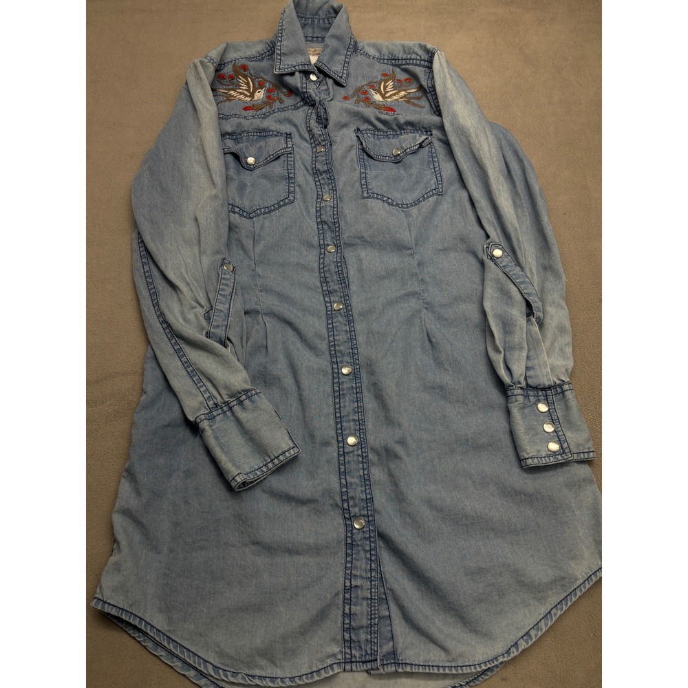 Rockmount Ranch Wear Blue Denim Embroidered Bird Western Pearl Snap Womens Small